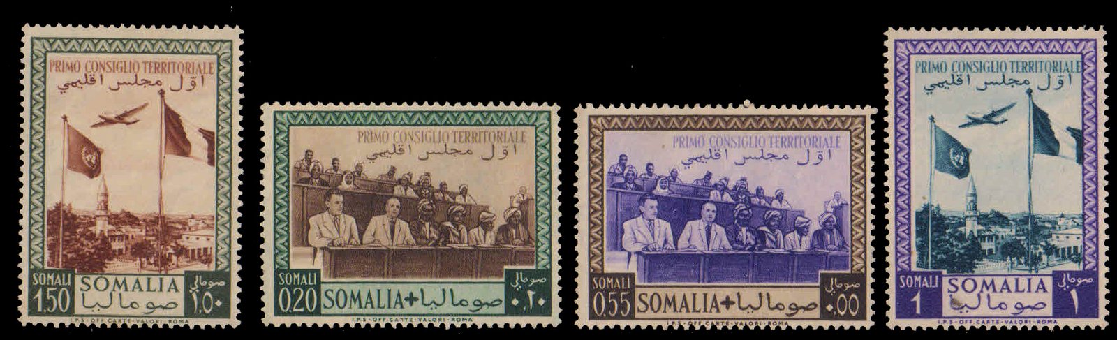 SOMALIA 1951-1st Territorial Council, Flags, Aircraft oversuspicious, Set of 4, MNH, S.G. 255-258, Cat � 40-