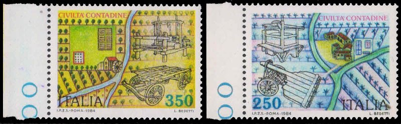 ITALY 1984-Farming Communities, Agriculture, Harvester, Field, Map, Cart, Oil Press, Set of 2, MNH, S.G. 1851-52