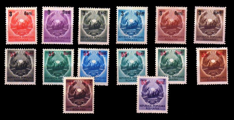 ROMANIA 1952 - Emblem of Republic, Surcharged Issues, Set of 14, MNH, Rare, Cat £ 100