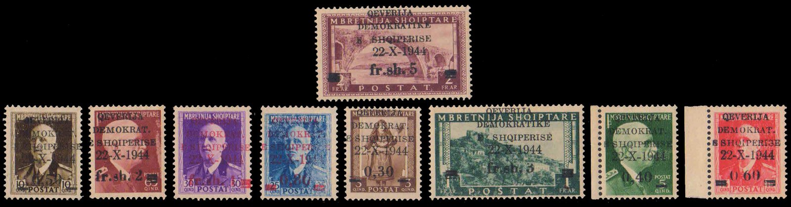 ALBANIA 1945, Surcharged Issue, King Victor Emmanuel, Set of 9, Mint G/W, S.G. 409-17, Cat £ 74.25