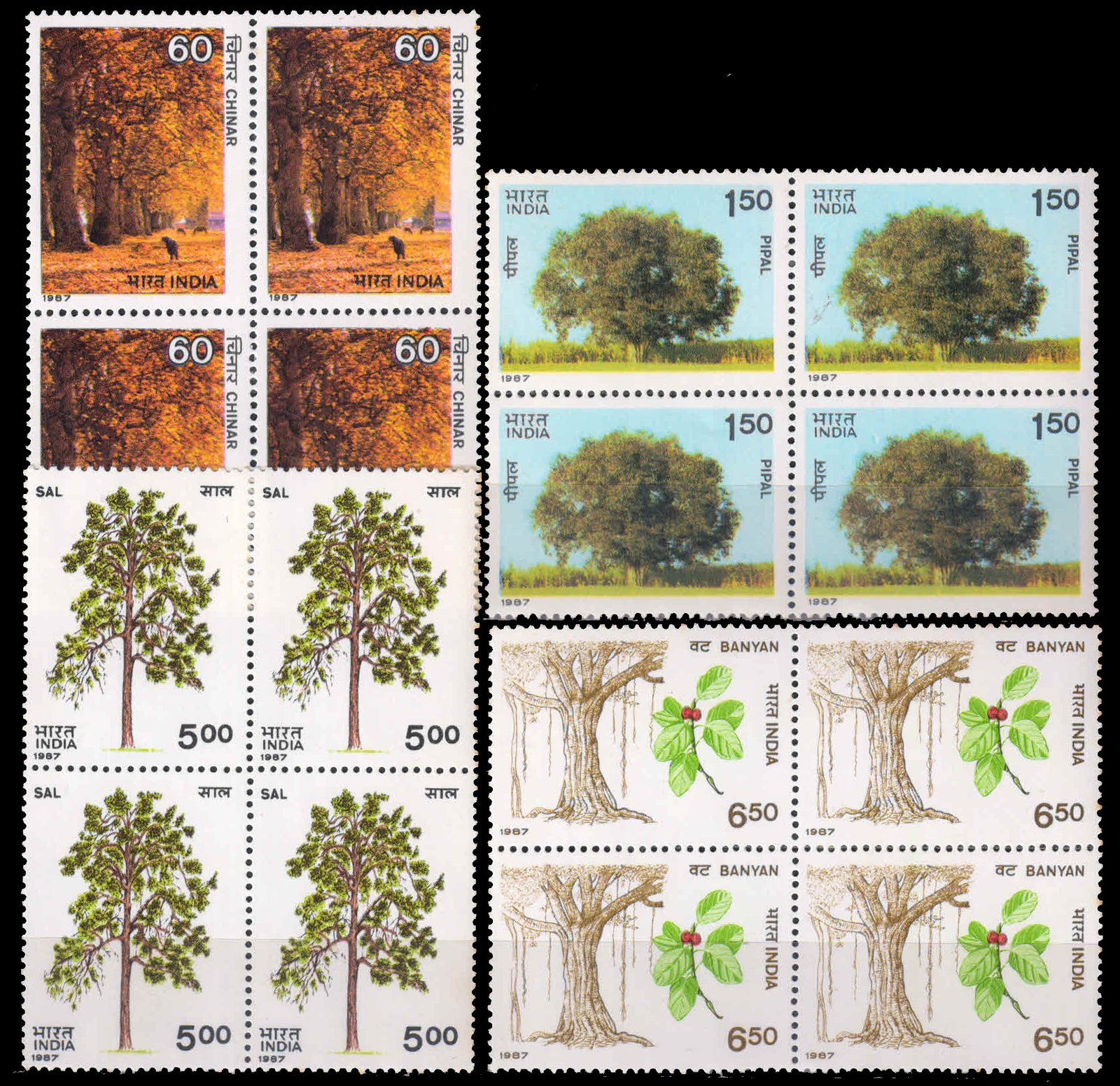 INDIA 1987-Indian Trees, Chinar, Pipal, Sal, Banyan, Set of 4 Blocks, MNH, S.G. 1271-1274-Cat £ 34-