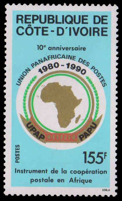 IVORY COAST 1990-Pan African Postal Union, Map, 10th Anniv., 1 Value, MNH, S.G. 1003