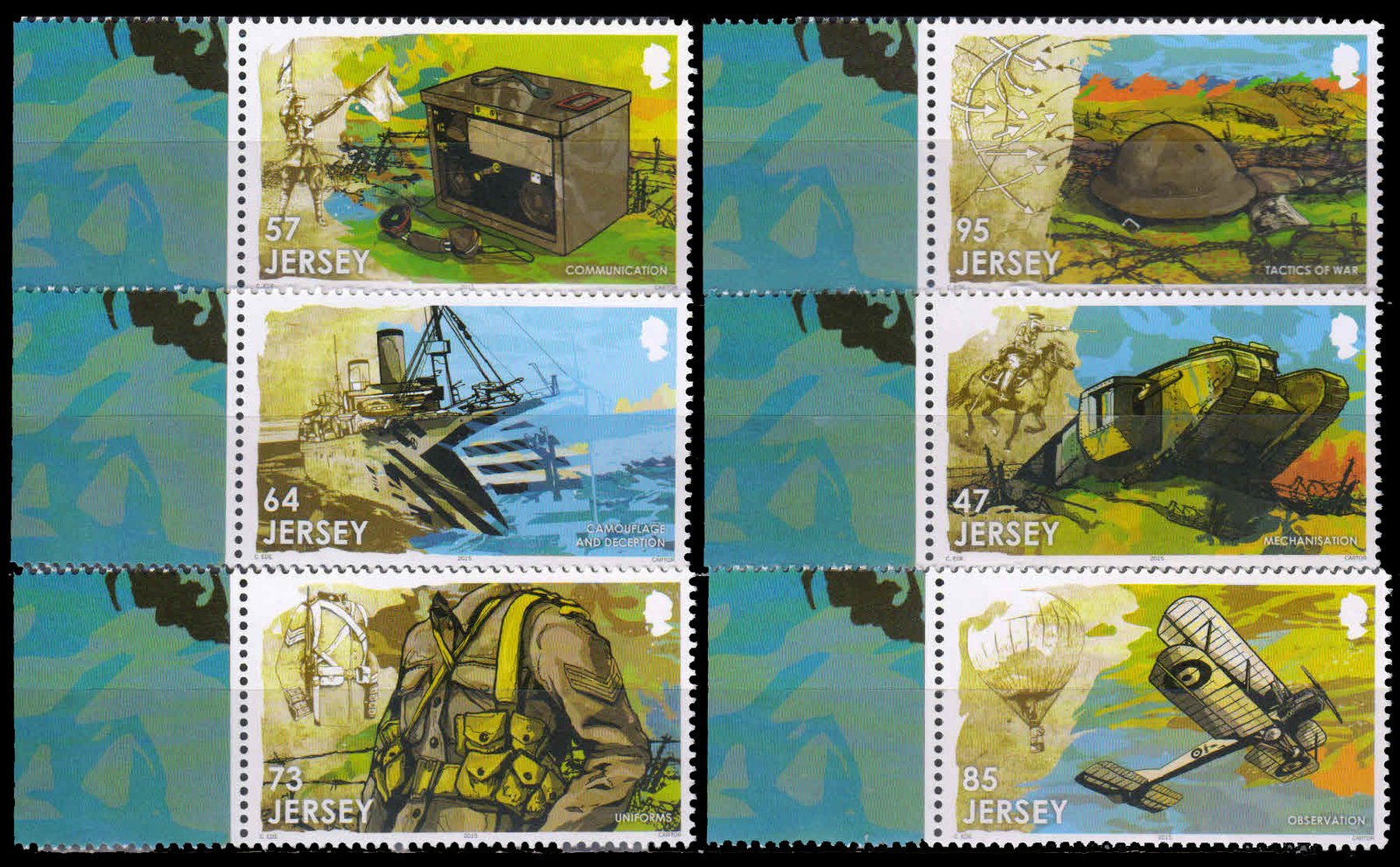 JERSEY 2015-Cent of the Great 1st World War, Military-Aircraft, Ship, Set of 6, MNH, Face � 4.1-S.G. 1977-1982-Cat � 11.50