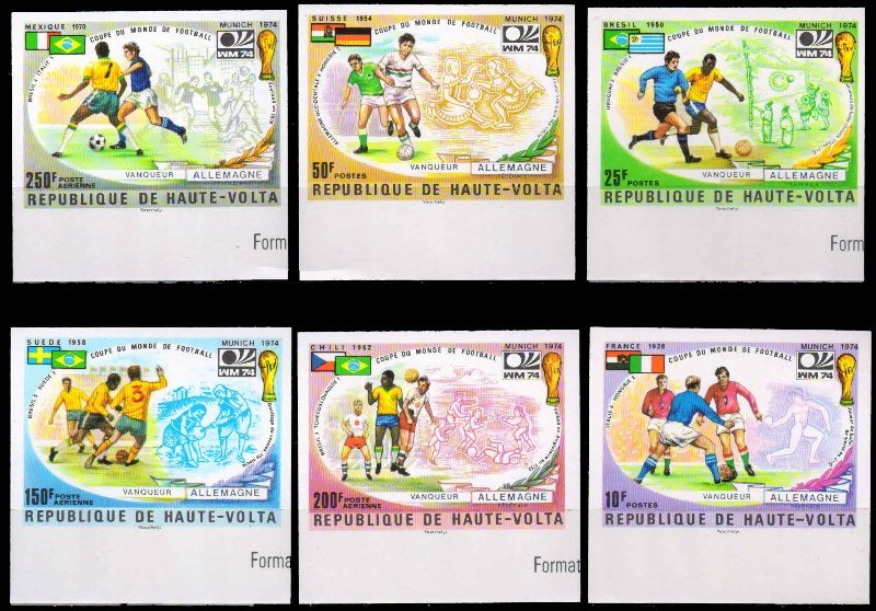 UPPER VOLTA 1974-World Cup Football, Soccer, Flags, Imperf Set of 6, Scott No. 335-37, C 193-95