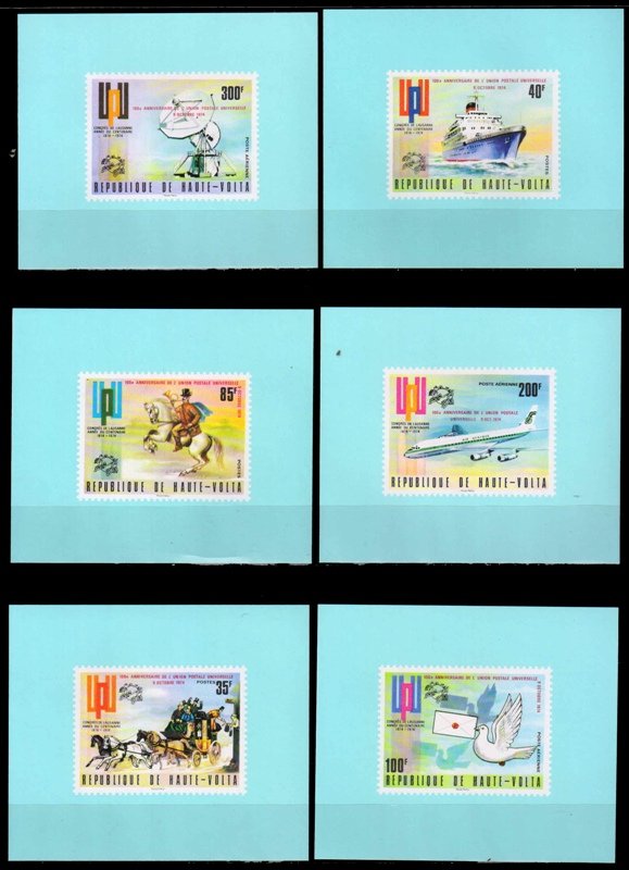 UPPER VOLTA 1974-Cent. of Universal Postal Union, U.P.U, Imperf Presentation Sheet, MNH, Rare, 6 Different as per scan, Scott No. 332-34, C 189-C 191