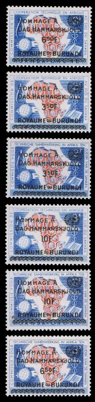 BURUNDI 1962-Day Hammarskjold commemoration, Surcharged Issue, Set of 6, MNH, S.G. 35A-37A, 35B-37B, Cat � 4.50