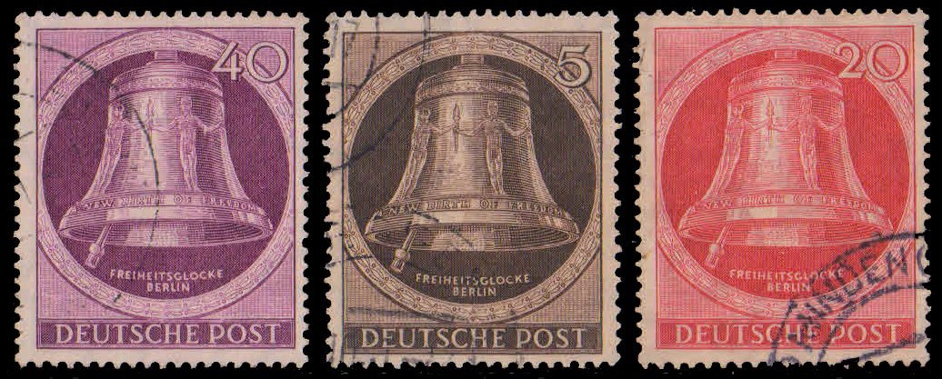 WEST BERLIN 1951-Freedom bell, Used Set of 3, S.G. B 75, 77, 79, Cat � 125-	