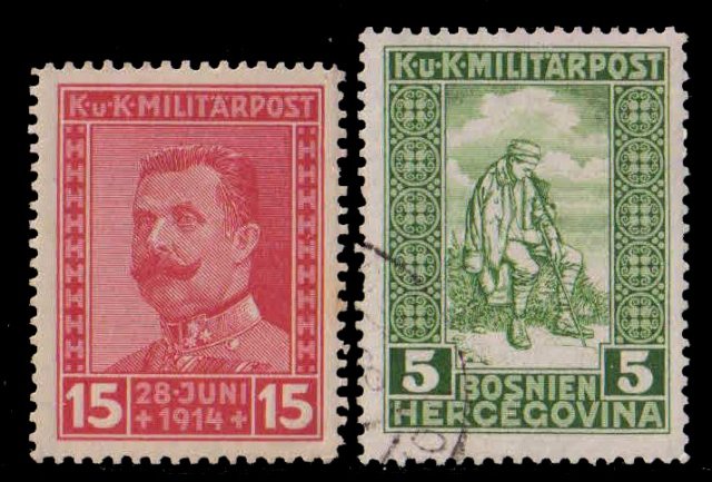 BOSNIA & HERZEGOVINA 1918-War Invalids Fund-Blind Soldier and girl, 2 Different 100 years old stamps, S.G. 391 & 435-Cat £ 6.50