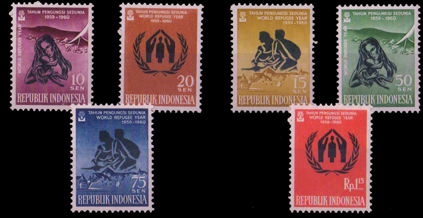 INDONESIA 1960 - World Refugee Year, Refugee Camp, Refugee with Protecting Hands, Set of 6, MNH, S.G. 824-829