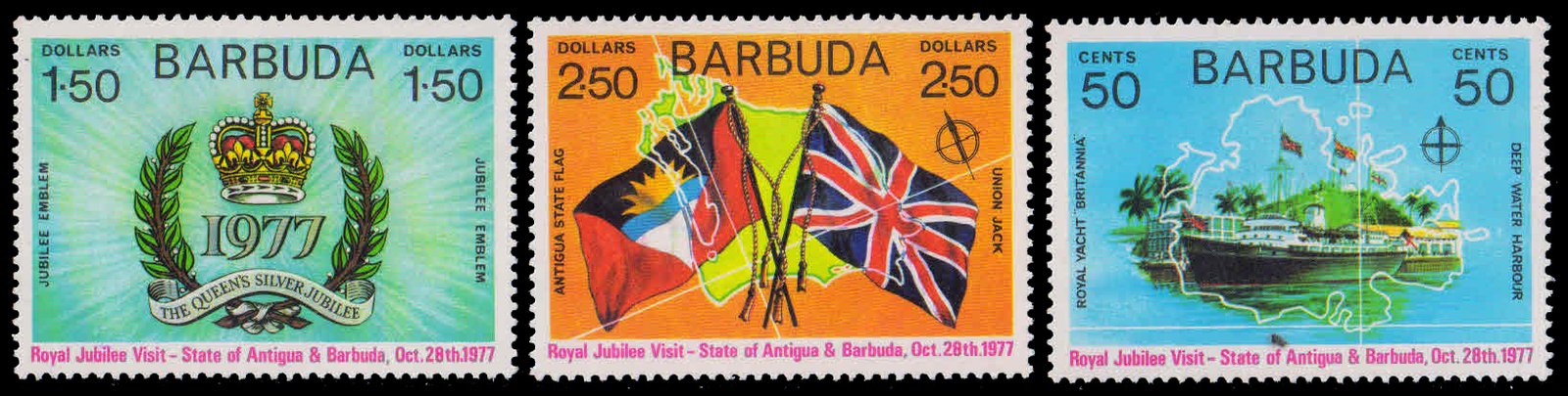 BARBUDA 1977-Royal Visit, Flag, Ship, Set of 3, MNH, S.G. 345-347