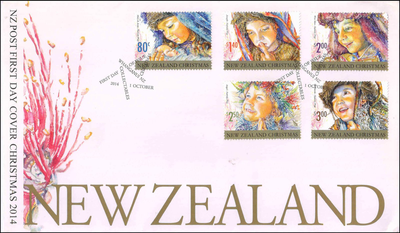 NEW ZEALAND 2014-Christmas, Children in Nativity Play, Set of 5 on F.D.C. Face $ 10.50, S.G. 3614-3618