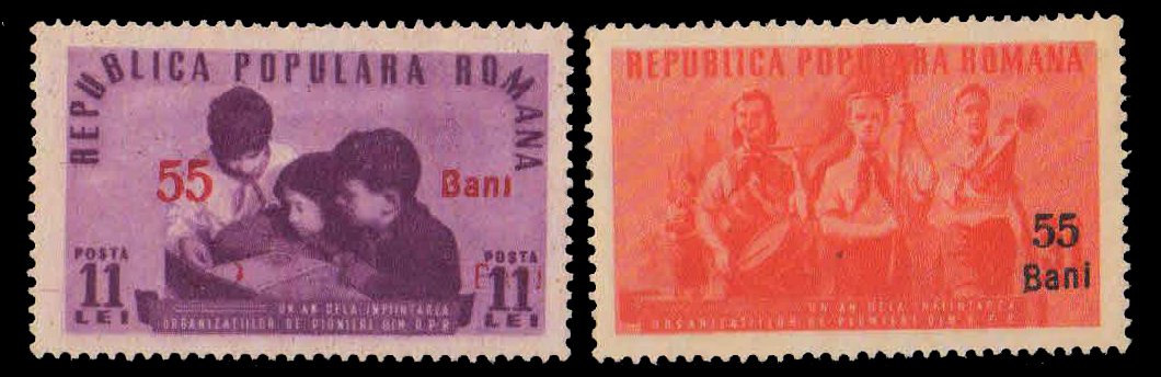 ROMANIA 1952-Children Reading, Youth Parade, Pioneers Org, Surch with new value, Set of 2, MNH, S.G. 2189-90-Cat � 23-