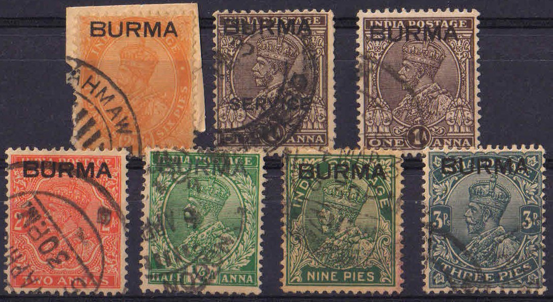 BURMA 1937-Stamps of India King George V overprint BURMA-7 Different, Used
