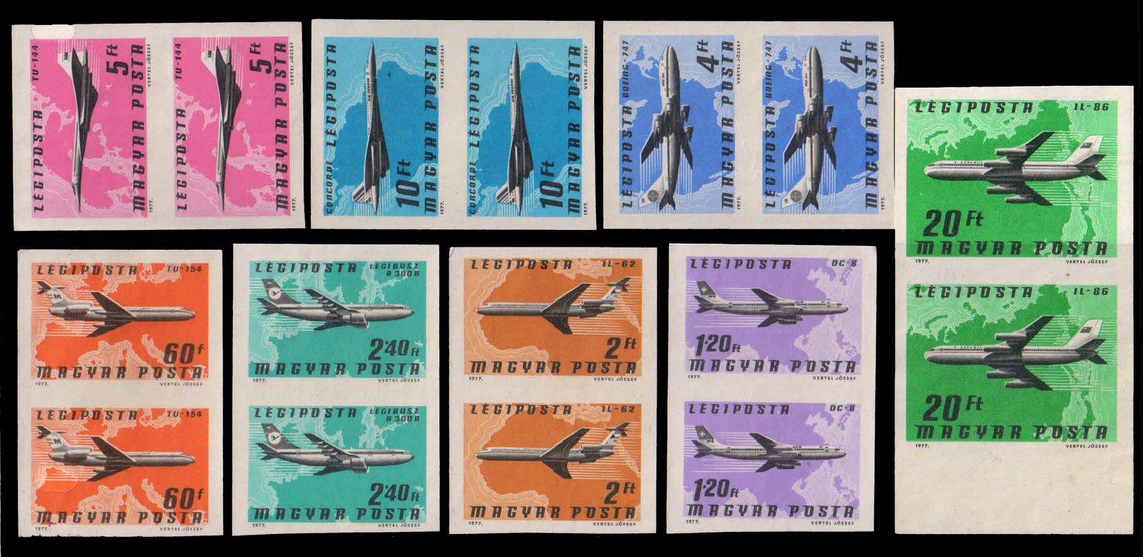 HUNGARY 1977-Aviation, Aeroplane, Aircraft, Set of 8 Pair, Mint G/w, Imperf, S.G. 3134-41