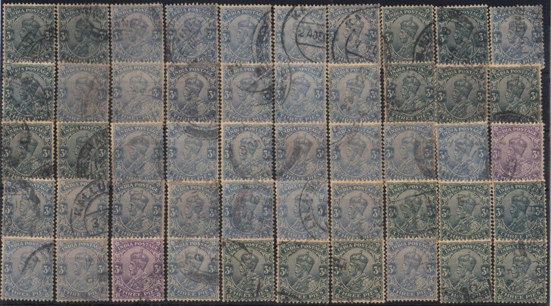 INDIA 1926-King George V, 3 Pies, Slate & Pall Green, Watermark Single & Multiple Star, Used, 50 Copies as per Scan, arranged in Stock Card