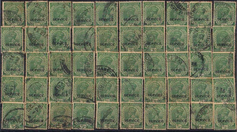 INDIA 1931-King George V, Half Anna Official Stamps, Used, 50 Copies as per Scan, Watermark Multiple Star