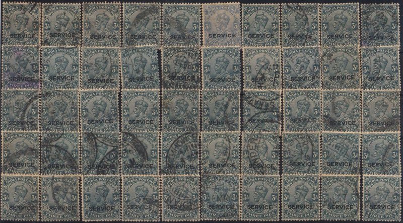 INDIA 1926-3 Pies Slate King George V, Opt. Service, Watermark Multiple Star-Used 50 Copies as per scan-arranged in stock card