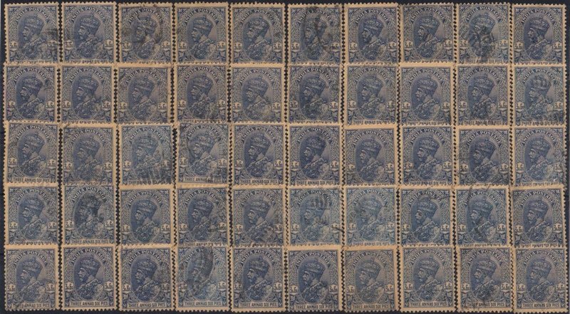 INDIA 1926-3 Anna 6 Pies Ultramarine-Used 50 Copies as per scan, arranged in stock card