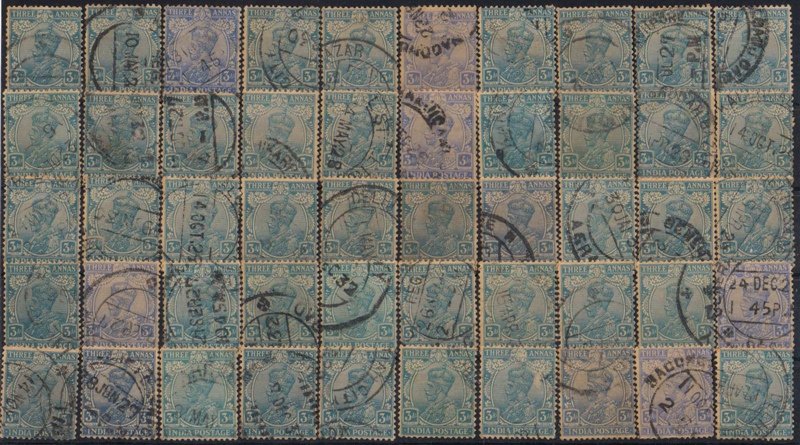 INDIA 1928-King George V, 3 Anna Ultramarine & Blue Mixed, Used 50 Copies, as per scan, arranged in stock card