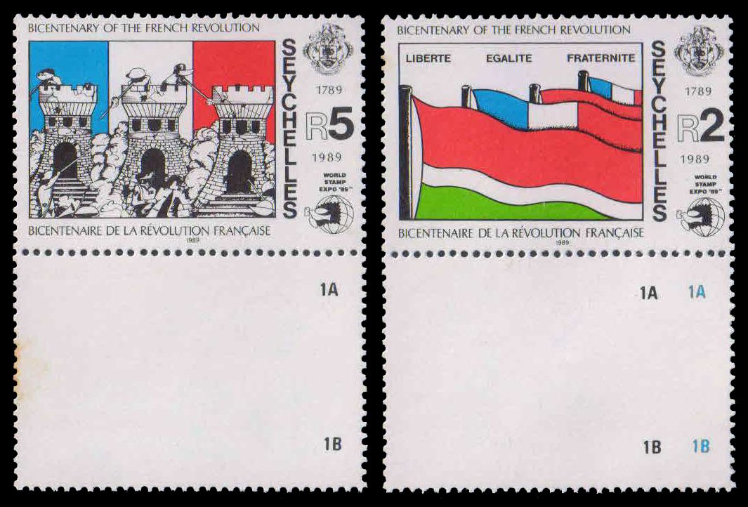 SEYCHELLES 1989-Bicent. of French Revolution, Flags, Bastille, Int. Stamp Exhibition, Set of 2, MNH, S.G. 760-61