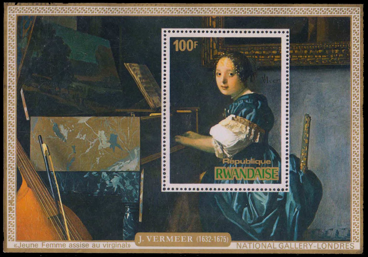 RWANDA 1975-Women Playing Virginals, 300th Death Anniv. of Jan Vermeer (Painter), Painting, M/s, MNH, S.G. MS 687d, Cat £ 8-