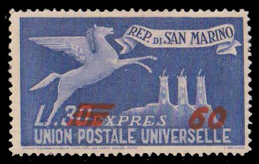SANMARINO 1947-Pegasus & Mt. Titano, Surch 60l on 30l, 1 Value, MNH, Express Letter Stamp, S.G. E 341-Cat � 5.50