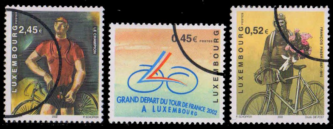 LUXEMBOURG 2002-Tour de France, Emblem, Francis Faber (Winner of Tour 1909), Joseph Kutter (Champion), Cycling, SPECIMEN, Set of 3, MNH, S.G. 1619-21-Cat £ 15-