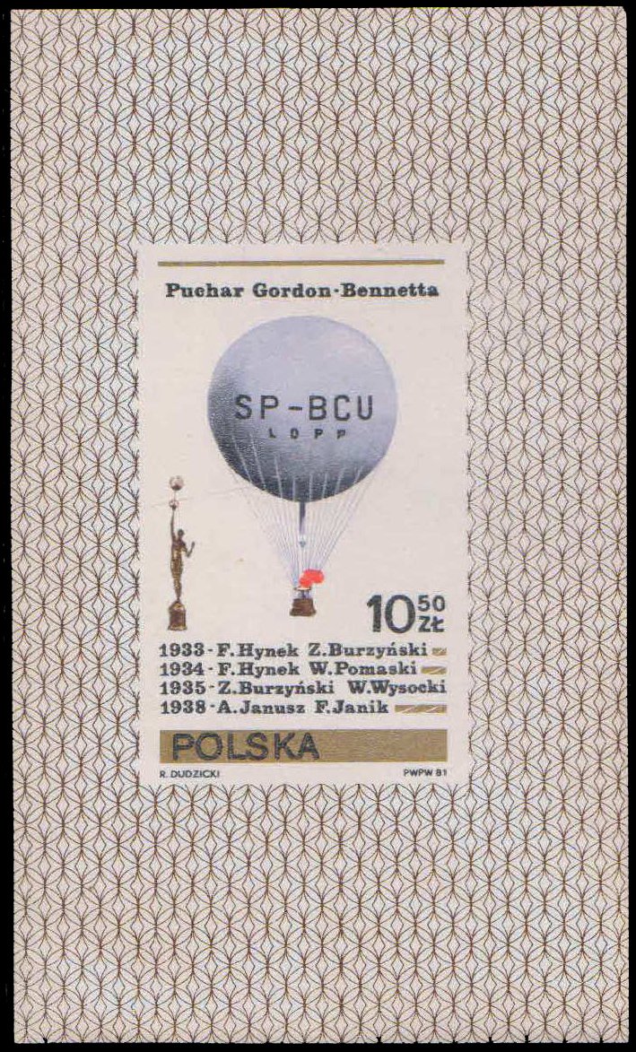 POLAND 1981-Balloon, SP-BCU LOPP & Gardon Bennett Statuette, M/S, MNH, S.G. MS 2727-Cat � 2.20