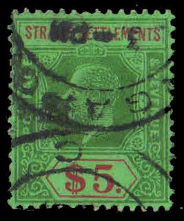 STRAITS SETTLEMENTS 1912-King George V, Wmk Multi Script CA, $ 5, Green & Red, S.G. 240a, Cat £ 45-