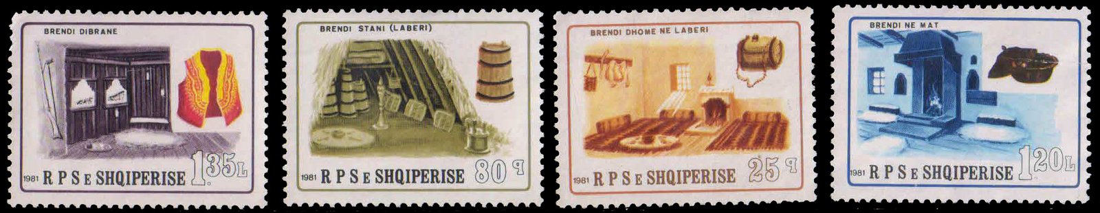 ALBANIA 1980-Interiors, Fireplace, Pottery, Weapons, Chair, Chimney, Set of 4, Mint G/W, S.G. 2036-39-Cat £ 5-