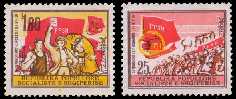 ALBANIA 1977-8th Trade Unions Congress, Workers & Factory, Flags, Set of 2, Mint G/W, S.G. 1893-94-Cat £ 4.25