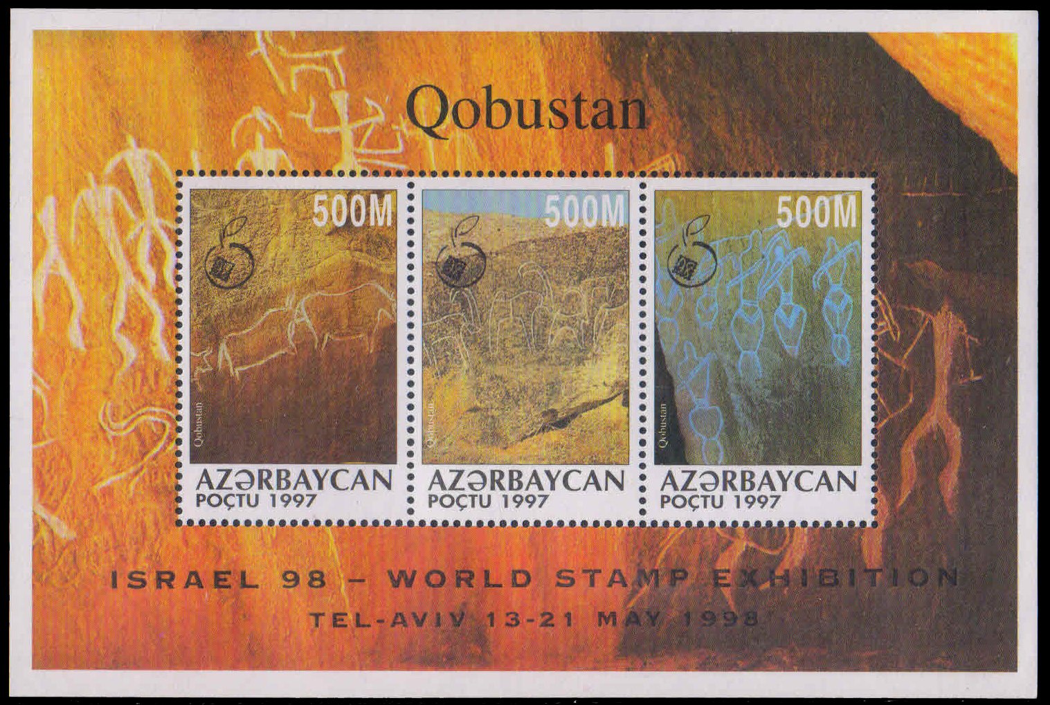 AZERBAIJAN 1998-Israel 98 Int. Stamp Exhibition, Oobustash Rock Carving, M/S of 3 Stamps, MNH, S.G. MS 435, Cat £ 14.50