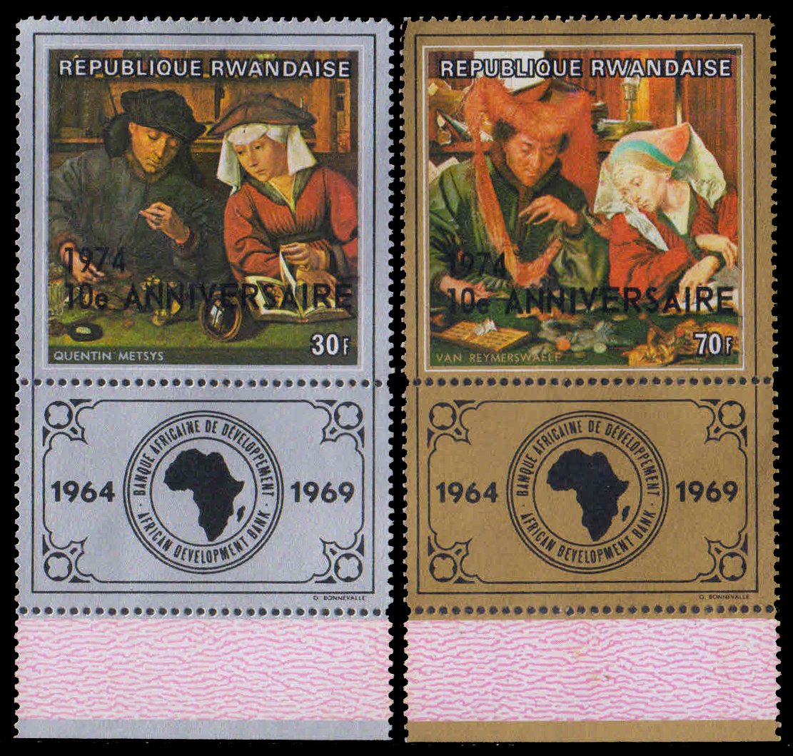 RWANDA 1974-10th Anniv. of African Development Bank, Set of 2+Label, MNH, S.G. 629-30-Cat � 5.40