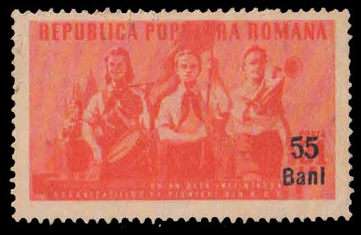 ROMANIA 1952-Youth Parade, Surch, Currency Revalued, Flag, Musical Instrument, 1 Value, Mint G/W, S.G. 2190-Cat � 11.50