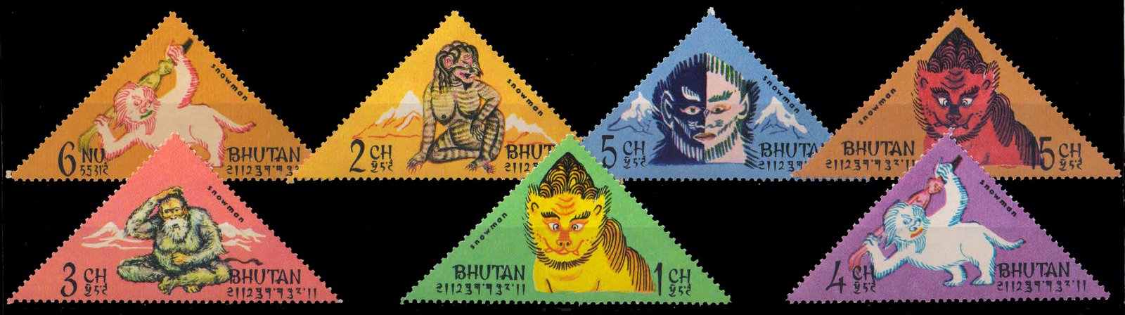 BHUTAN 1966-7 Different Abominable Snowmen-Triangular-Mint Stamps Only
