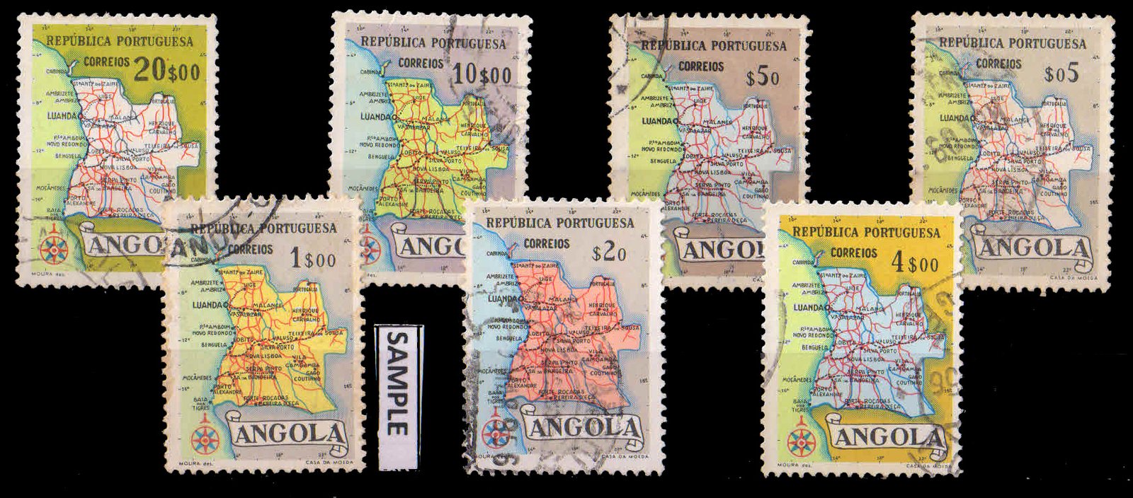 ANGOLA 1955 - Map Series, Angola Territory, Used Set of 7, S.G. 511-518