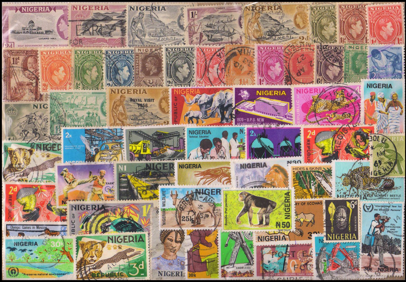 NIGERIA-210 All Different, Large & Small Old & New Used Stamps
