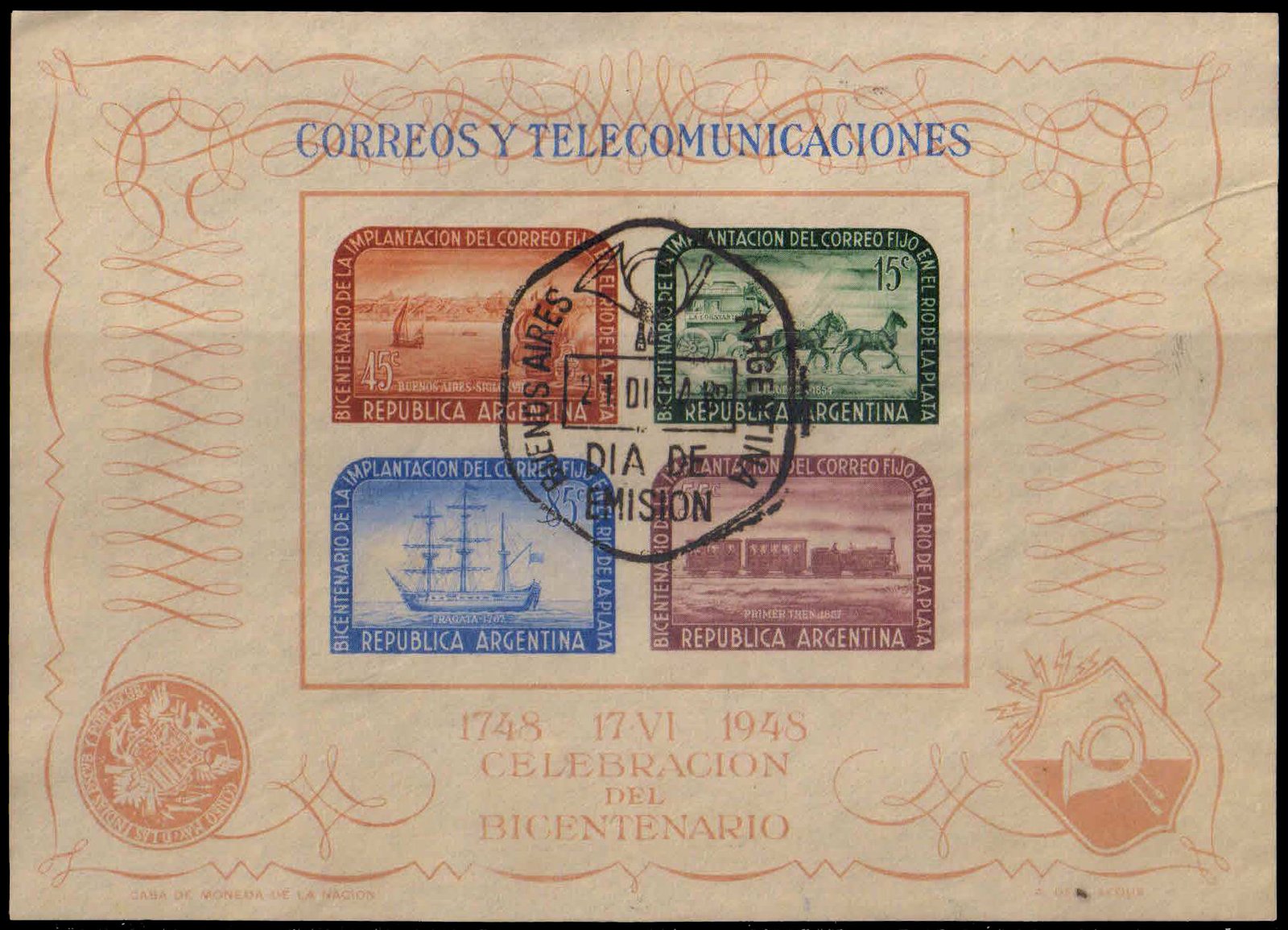 ARGENTINA 1948-Bicent. of Postal Services, Mail Coach, Train, Ship, Miniature Sheet with 1st Day Cancellation, Used, S.G. MS 808a, Cat £ 8.75-