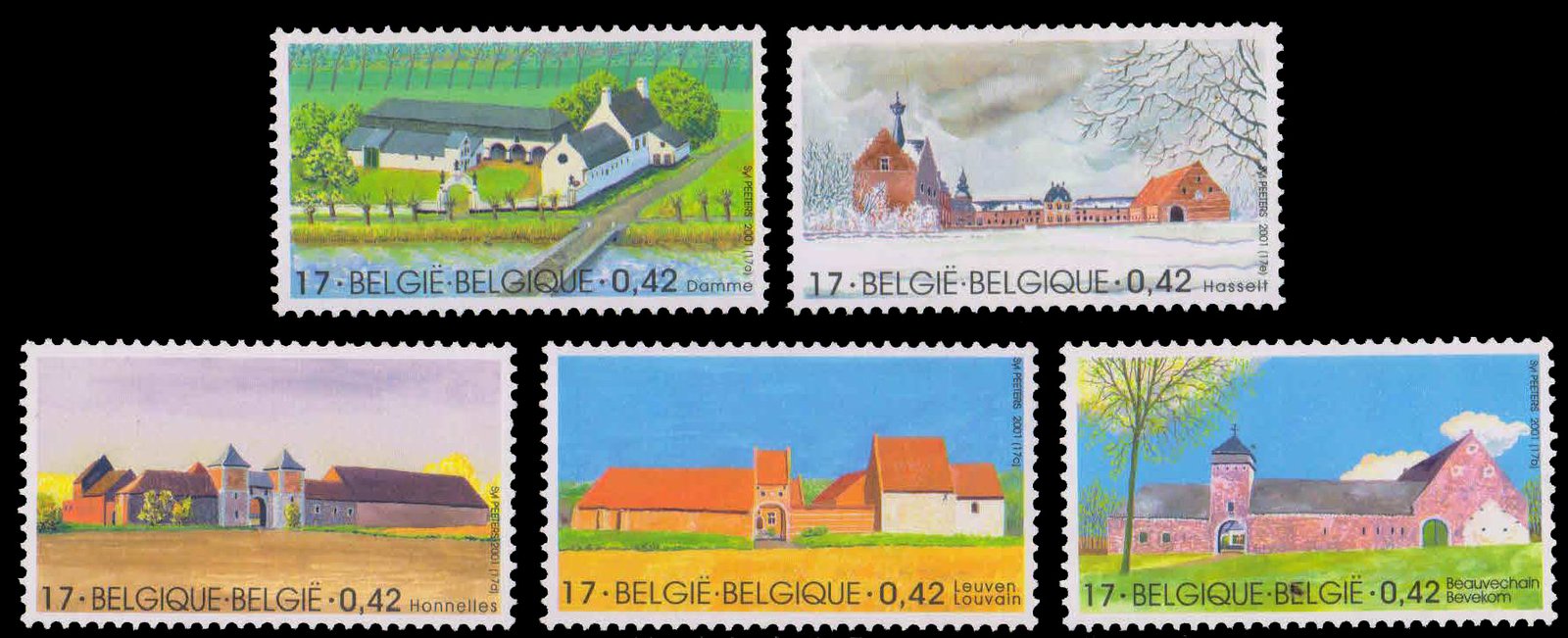 BELGIUM 2001-Large Farm Houses, Set of 5, MNH, S.G. 3649-3653, Cat £ 8-