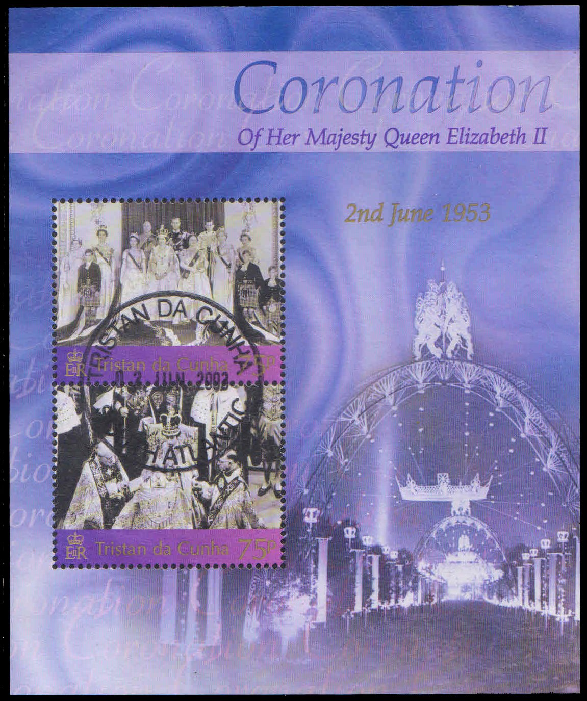 TRISTAN DA CUNHA 2003-50th Anniv. of  Coronation, Royal Family, Miniature Sheet with First Day Cancellation, S.G. MS 777, Cat � 4.25