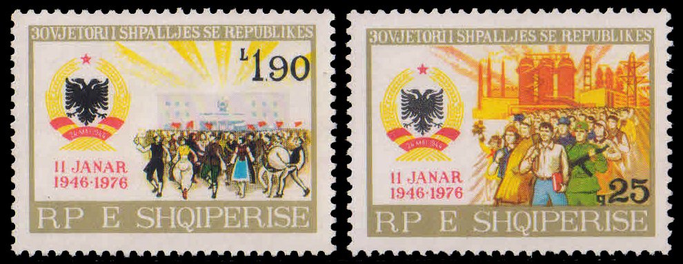 ALBANIA 1976-Albanian People Republic, Arms & Crowd, Folk Dancers, Set of 2, Mint G/W, S.G. 1813-14