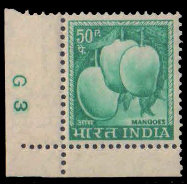 INDIA DEFINITIVE-50 P. Mangoes, Corner Stamp 1 Value with Plate No. G3, MNH