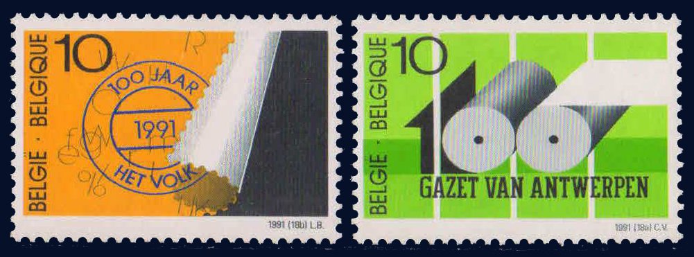 BELGIUM 1991-Newspaper Cent., Gazet Van Antwerpen (Printing Press Farming 100), Het Volk (Cancellation on Stamp), Set of 2, S.G. 3097-98