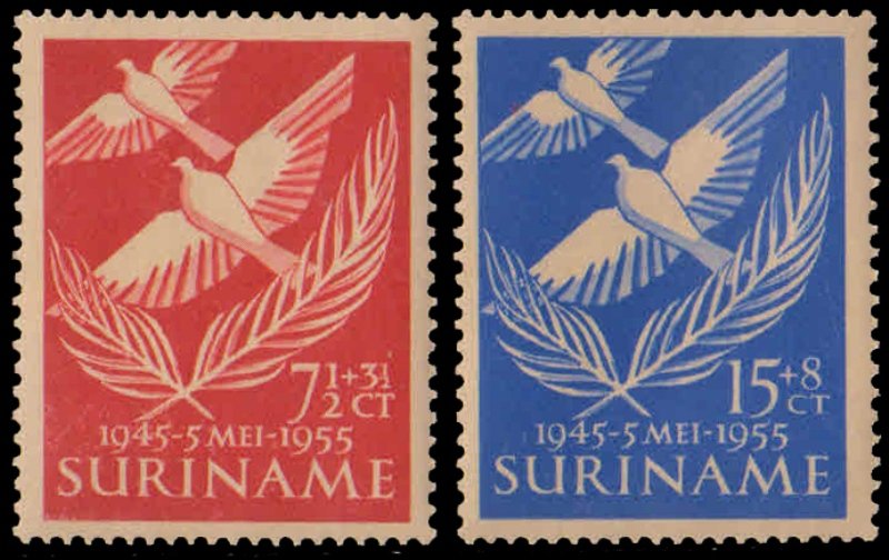 SURINAM 1955-Doves of Peace, Liberation of Netherlands & War of Victims Relief Fund, Set of 2, MNH, S.G. 428-29-Cat £ 8-