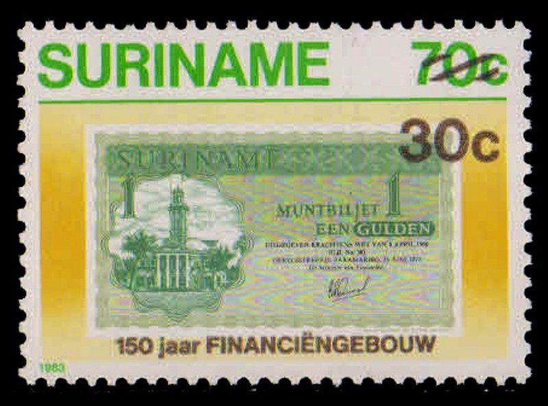 SURINAME 1986, 150th Anniv. of Finance Building, Surcharged, Bank Notes, 1 Value, MNH, S.G. 1287-Cat £ 4.25