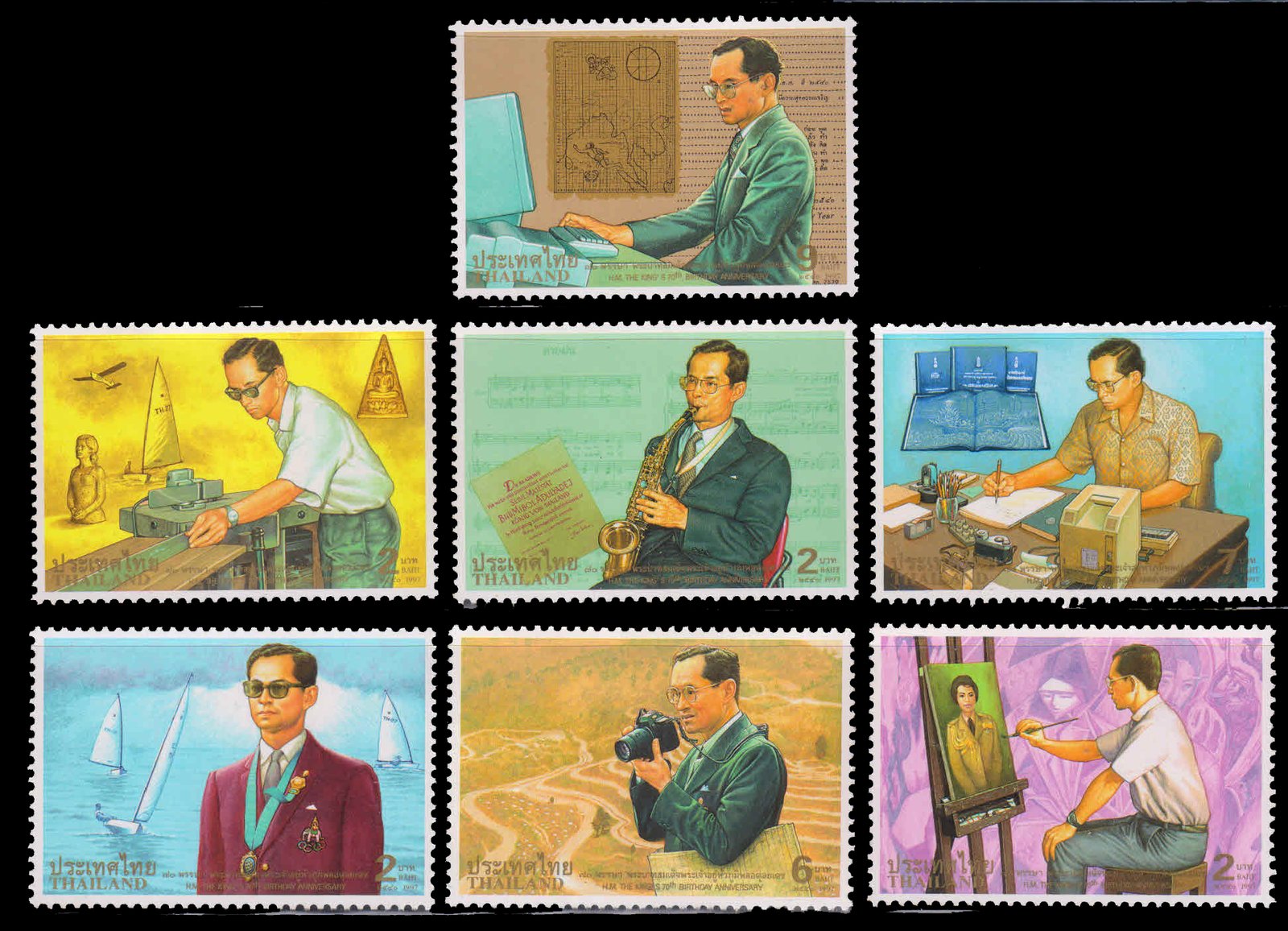 THAILAND 1997-King Bhumiboi, Playing Music, Painting, Sailing, Writing, Working, Set of 7, MNH, S.G. 1992-98-Cat £ 5-