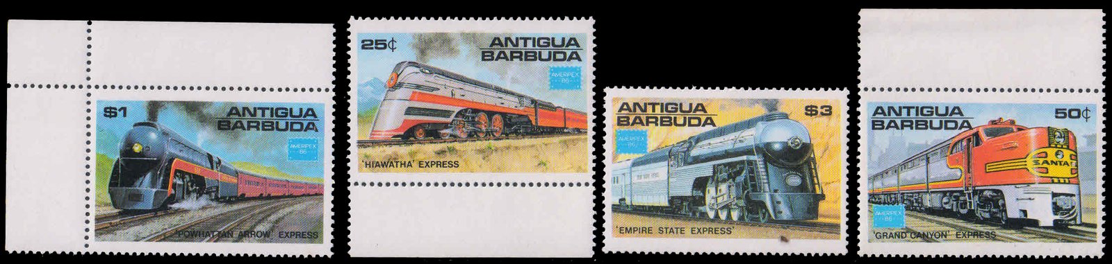 ANTIGUA 1996-American Train, Locomotives-Ameripex-86 Stamp Exhibition, Set of 4, MNH, S.G. 1014-1017-Cat � 7.50