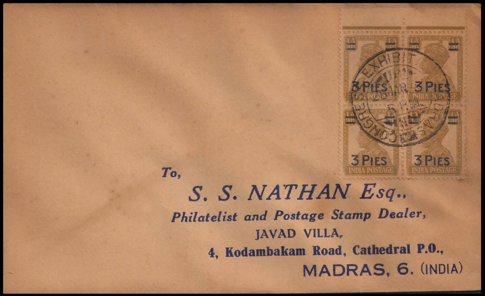 INDIA 26-01-1947-Surcharged Stamp Block King Geogre VI on Cover with Special Cancellation (Congress Exhibition MADRAS)-As per Scan