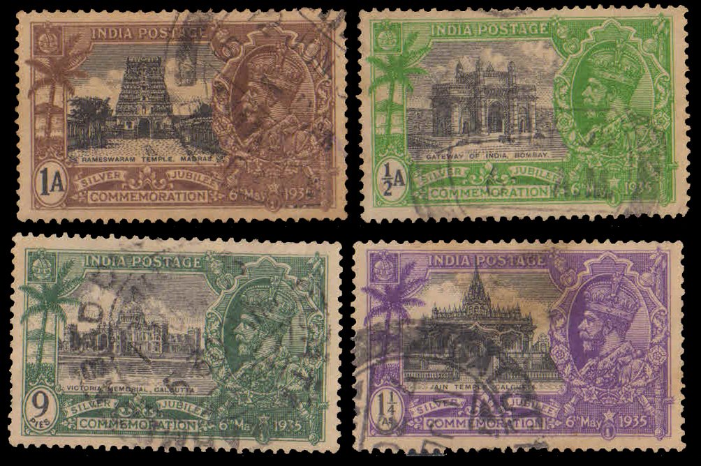 INDIA 1935-King George V, Silver Jubilee, Gateway of India, Victoria Memorial, Rameswaram Temple, Jain Temple, Set of 4, Used
