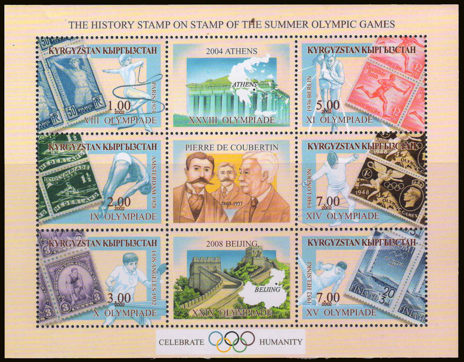 KYRGYZSTAN 2002-History of Summer Olympic, Gymnast, Table Tennis, Fencing, Sheet of 6 Stamps+3 Labels, S.G. 256b